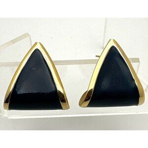 Vintage Navy Blue Enamel Triangle Clip on Earrings Gold Tone Retro Fash Career